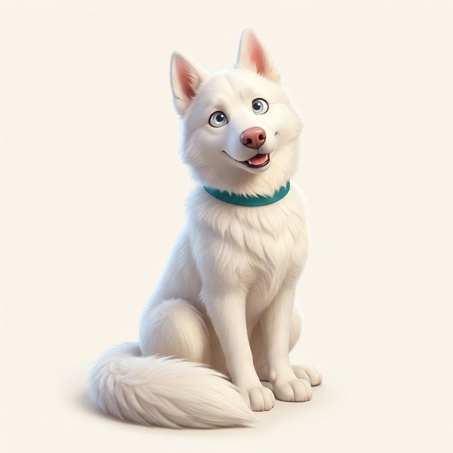 Whitley, a white husky with blue eyes, sitting and looking up